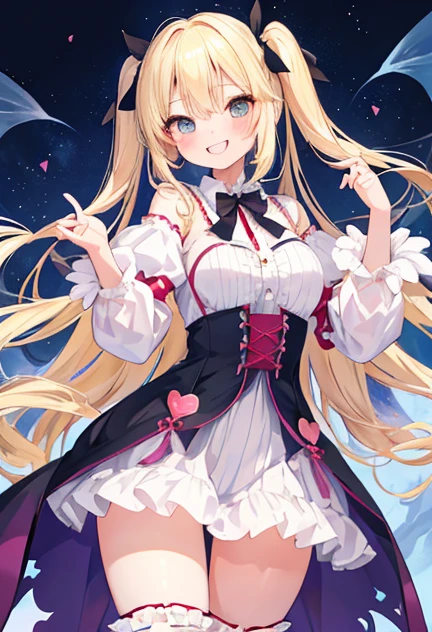 beautiful illustrations, highest quality, pretty girl,beautiful girl、clear face、 half girl、pastel colour ,blonde、black eyes、smile、blush、にこやかなsmile、thighs、Dracula、fantasy、fantasy、perfect hands、five fingers、double teeth