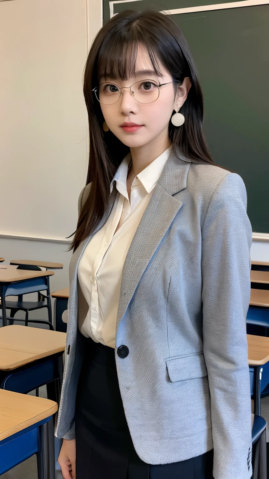 black hair, bangs, hair behind ear, very long hair, jewelry, earrings, masterpiece, textured skin, high details, best quality, Adult woman, high school teacher, wearing a jacket, dark blue suit, white blouse, black tight skirt, mature woman, good figure, standing alone in the classroom, in class, eyeglass,