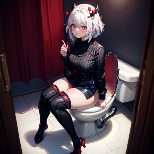 masterpiece, (1 girl) Best quality, Modeus (helltaker), (demon tail), red ribbed sweater,High neck, black skirt, Black jacket, Red eyes, (((White hair))),Medium short hair, pipes, hearts, (heart-shaped pupils), tights, black mid-calf stockings, sexy hips, sits on the toilet, poops, diarrhoea