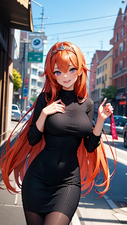 1girl, Maya Cordelia, orange hair, tiara, solo, masterpiece, general, solo, official art, cute face, purple eyes, ribbed turtleneck sweater, sideboob, backless outfit, sweater dress, bare arms, black pantyhose, smile, raised eyebrows, turning head, looking at viewer, (reaching towards viewer:1.1), outdoors,