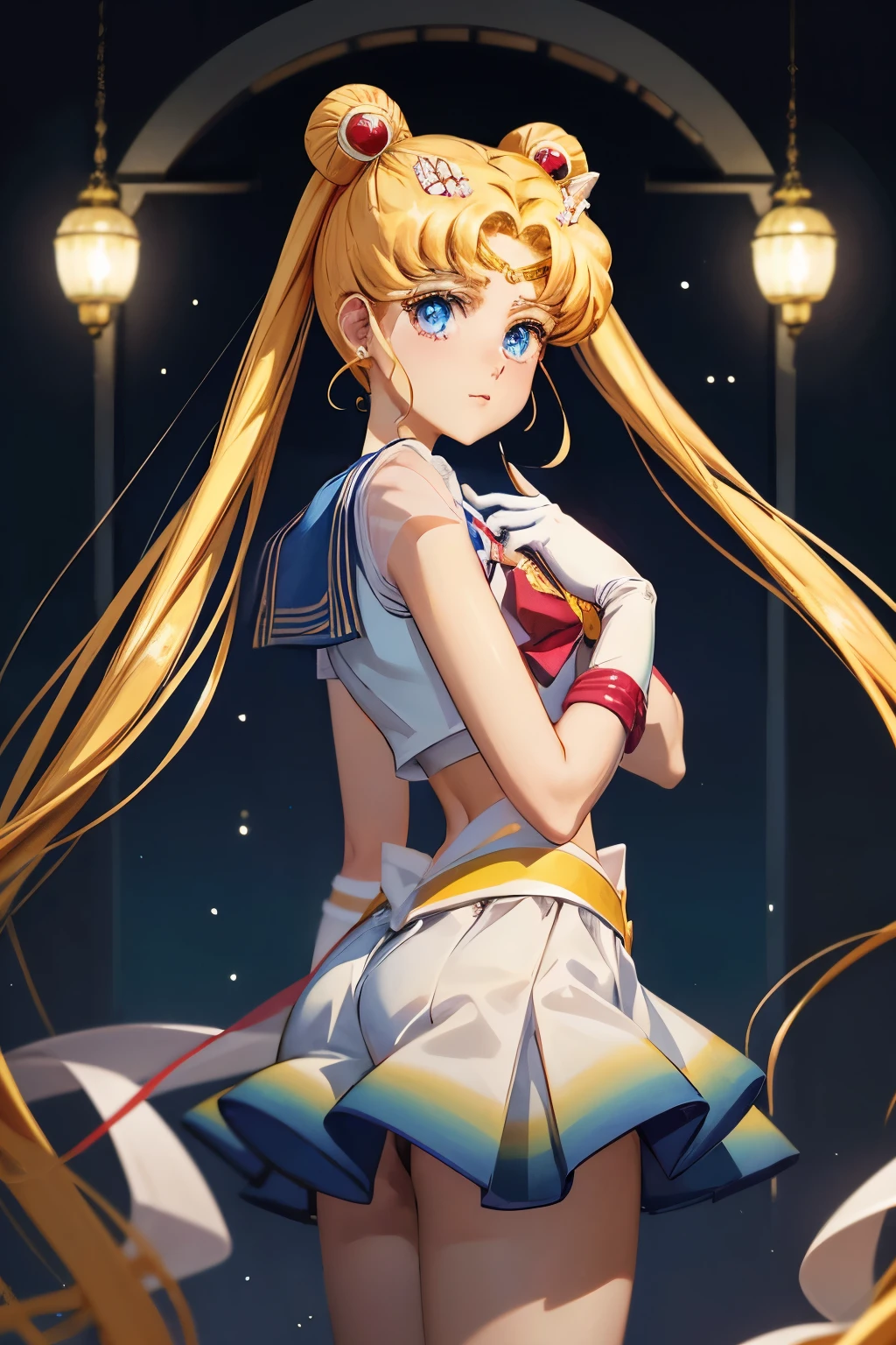 In the realm of masterpiece art, behold the enchanting image of a solo girl embodying the essence of Sailor Moon, Tsukino Usagi. With her blonde, long, wavy hair framing her beautiful blue eyes, she dons the iconic sailor senshi uniform with pride. The white collar adorned with a red crescent moon rests atop her shoulders, collarbones exposed. Her twintails, held in place by red bows and crescent earrings, cascade down her back. Gloves covering her elbows complete the iconic look.

Her sailor collar, a mesmerizing blend of blue and white hues