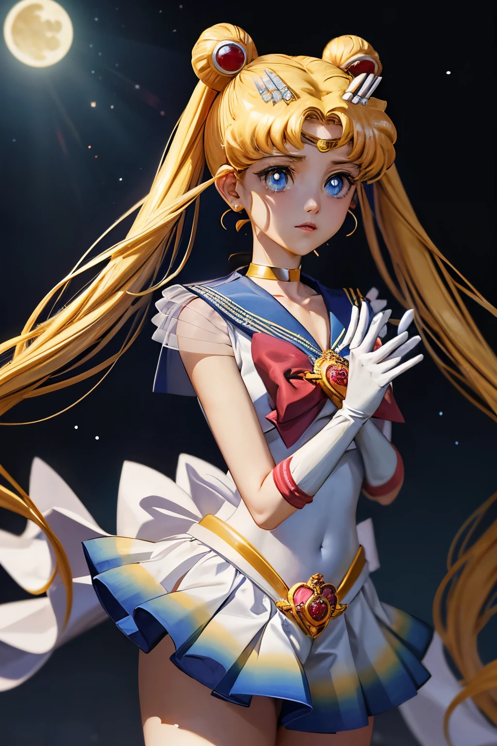 In the realm of masterpiece art, behold the enchanting image of a solo girl embodying the essence of Sailor Moon, Tsukino Usagi. With her blonde, long, wavy hair framing her beautiful blue eyes, she dons the iconic sailor senshi uniform with pride. The white collar adorned with a red crescent moon rests atop her shoulders, collarbones exposed. Her twintails, held in place by red bows and crescent earrings, cascade down her back. Gloves covering her elbows complete the iconic look.

Her sailor collar, a mesmerizing blend of blue and white hues