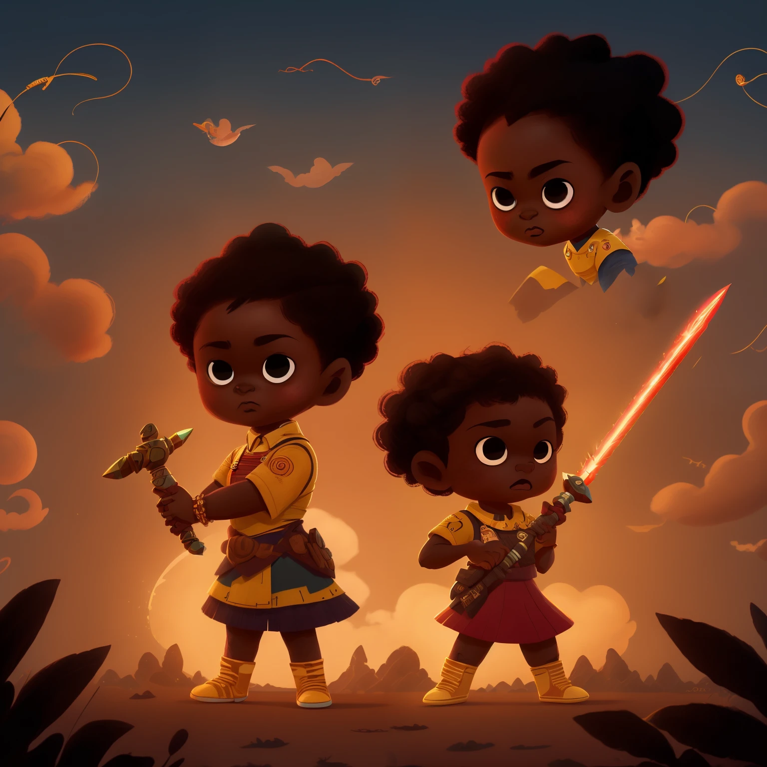 A photo of Iansã, a 10-year-old girl, with black skin, hair made of wind, eyes as deep as the stormy sky, freckles like stars, dressed in golden and red clouds. She holds a dagger, emanating electrical energy, reminding everyone of the strength of nature and the cycle of renewal.