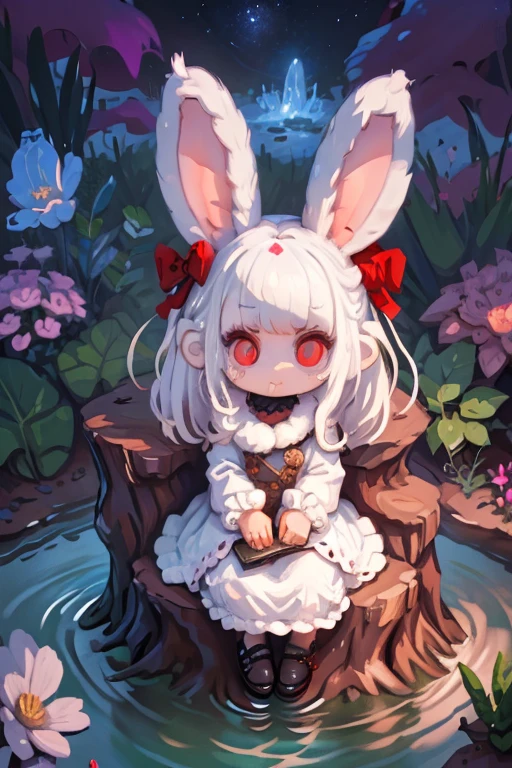 Voxels,(3D Big Pixel Art,3D Pixel Art),Large pixels,solo,#1 girl(3D Pixel Art:2.0,Chibi,cute,kawaii,small kid,white hair:1.6,long hair,white rabbit ear,white dress,red eyes,big eyes,skin color white,big hairbow,playing with the sparklers,sitting on a stump),#background(outdoor, by the lake,night),(3D Pixel Art),(from above:1.4),white hair,rabbit ear