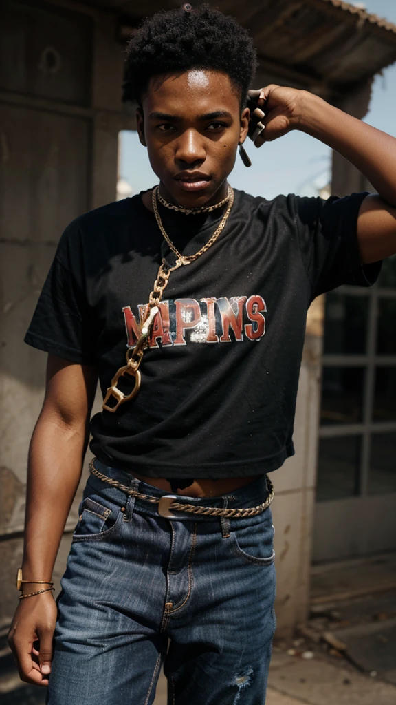 18 year old black boy with a gap in his teeth that look like a vampire's in 3D in Los Angeles while holding a gun upwards with nappy hair and bold Torn8.O T Shirt and a gold watch with a 2 tornado chain on his chest and black jeans and wearing black Jordan sneakers and has a scar in his right eye