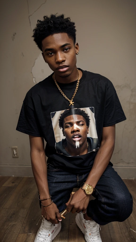 18 year old black boy with a gap in his teeth that look like a vampire's in 3D in Los Angeles while holding a gun upwards with nappy hair and bold Torn8.O T Shirt and a gold watch with a 2 tornado chain on his chest and black jeans and wearing black Jordan sneakers and has a scar in his right eye
