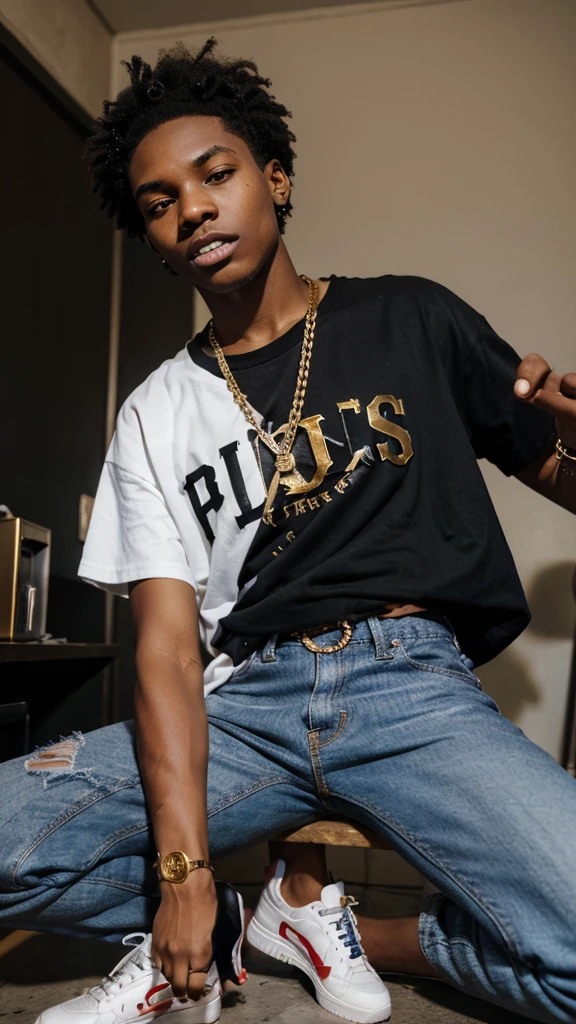 18 year old black boy with a gap in his teeth that look like a vampire's in 3D in Los Angeles while holding a gun upwards with nappy hair and bold Torn8.O T Shirt and a gold watch with a 2 tornado chain on his chest and black jeans and wearing black Jordan sneakers and has a scar in his right eye