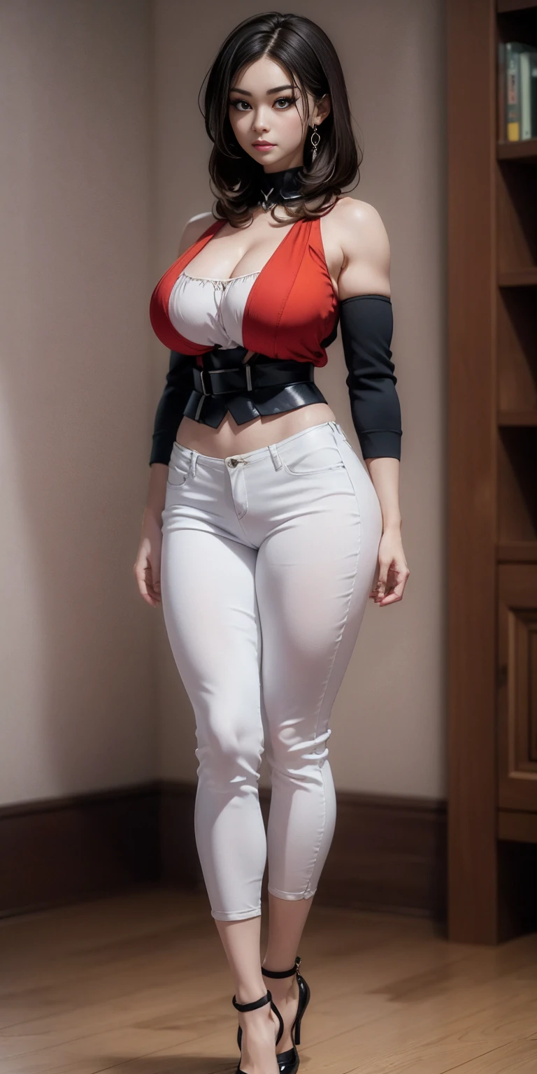masterpiece, burly woman, exaggerated large muscles, skinny pants, high-heels, standing on your feet, beautiful attractive face, full body like, single female, very fair skin, thin waist, very broad shoulders, Strong and powerful arms, stout arms, strong and powerful leg muscles, looking to the camera, dog ears, fluffy dog ears