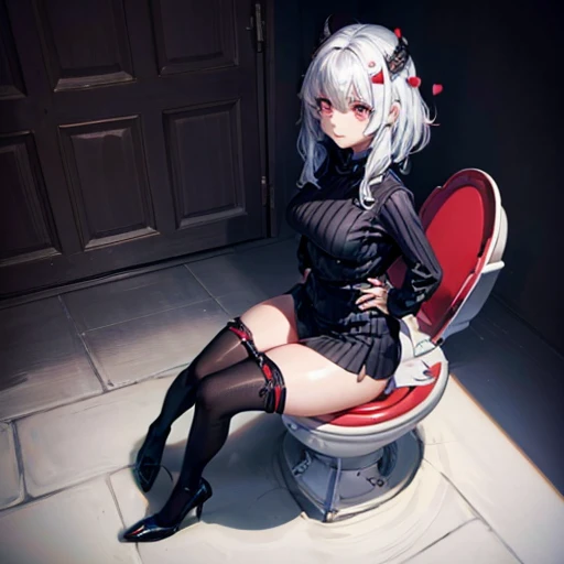 masterpiece, (1 girl) Best quality, Modeus (helltaker), (demon tail), red ribbed sweater,High neck, black skirt, Black jacket, Red eyes, (((White hair))),Medium short hair, pipes, hearts, (heart-shaped pupils), tights, black mid-calf stockings, sexy hips, sits on the toilet, poops, diarrhoea