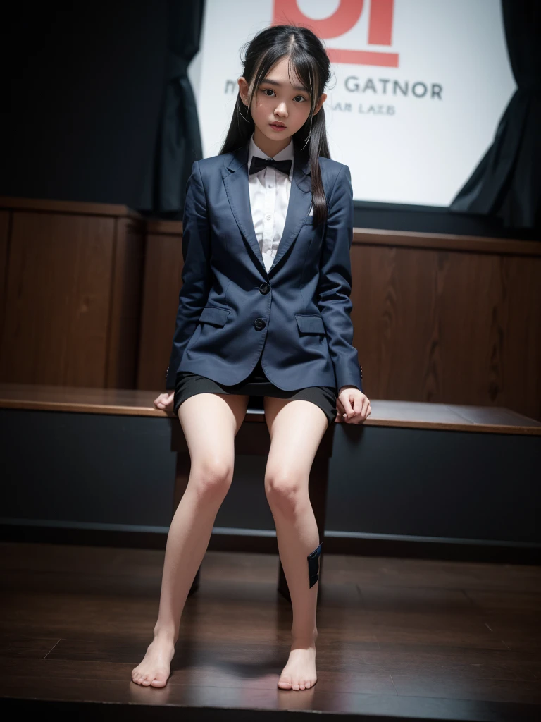 (masterpiece, highest quality:1.4), award-winning portraits, 8K, 85mm, alone, beautiful face, delicate girl, , (dark navy blazer jacket), dark navy skirt, long sleeve, violaces, gardenia, grace, Sophisticated, cute, , looking at the viewer, 15 yw photo, disorganized, HDR, sharp focus, A bow tie, background bokeh、(((flat 、thin and delicate body、A childish atmosphere)))、Her shiny semi-long hair is tied up、hair swaying in the wind、Mole on the left cheek、large, round, dark blue eyes、full body、random pose、、Junior idol、Nogizaka Idol、widening skirt、jump、mole under eye、sexy、Not wearing underwear、hands and feet are restrained