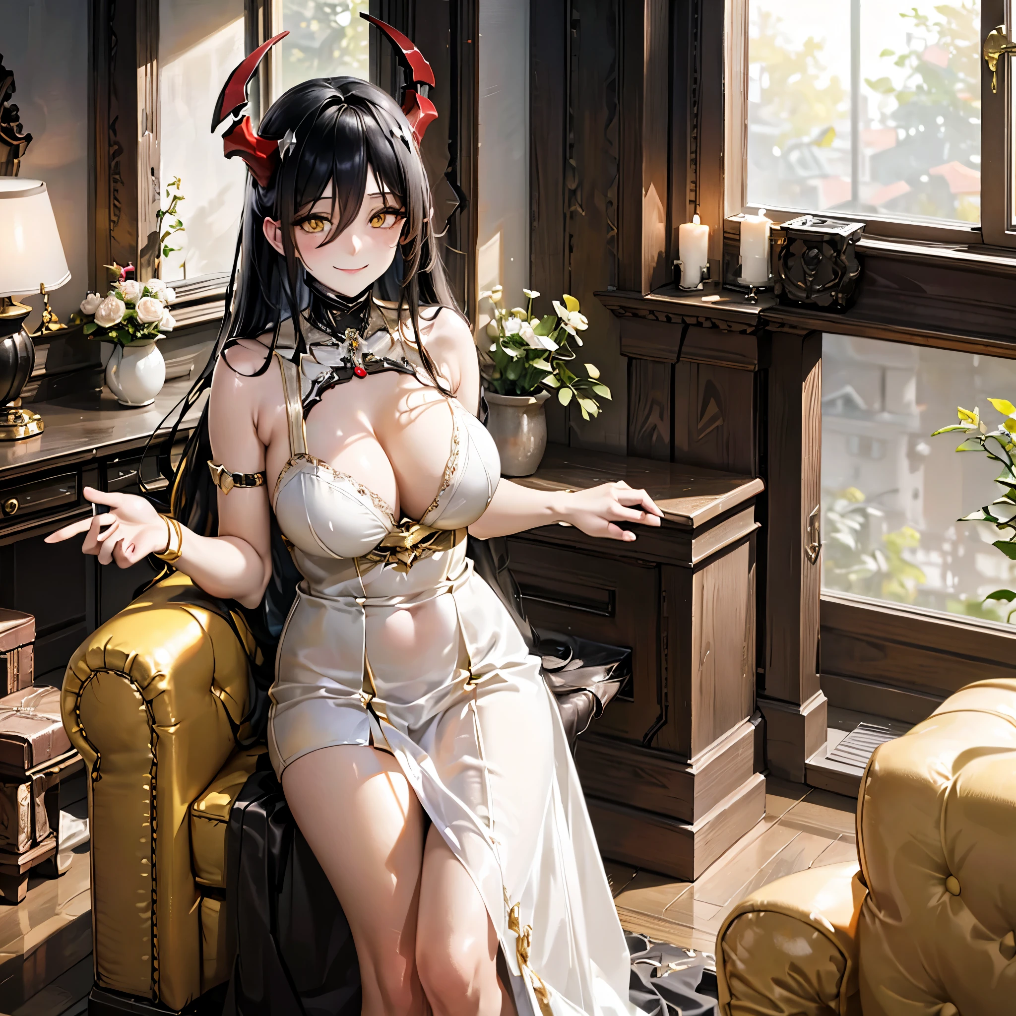 A woman with sophisticated white dress, long black hair, yellow eyes, red horns, big breasts, smiling, in a room of a modern house,,HDR, very detailed, ultra resolution, masterpiece. 8k hd.