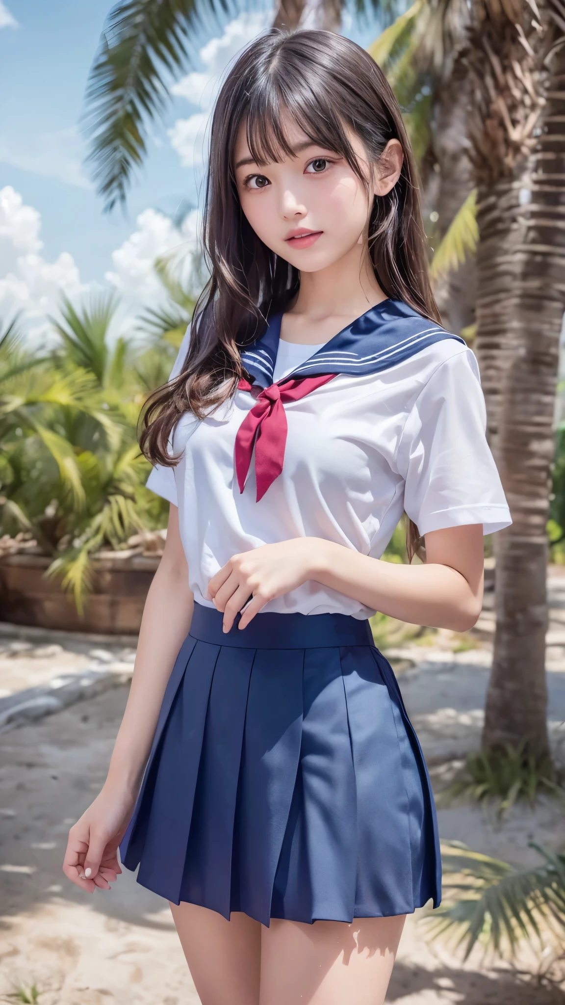 (best quality, 8k, 32k, masterpiece, UHD:1.2), (RAW photo), (realistic), (photorealistic:1.2), (high resolution), huge filesize, ultra-detailed, extremely beautiful face & eyes, 1girl, japanese elementary school student,****, ****, ****, round small face, baby face, thin waist, beautiful belly skin, large breasts, slim proportions, perfect thin thighs, small butt, (darkblue pleated mini skirt, japanese sailor, sailor fuku, serafuku, japanese school sailor suit, sailor red neckerchief), nice hands, perfect hands, accurate hand depiction, sweaty, shy smile, pure white teeth, from below, (blue sky, summer, sun, beach, palm tree, outdoors),