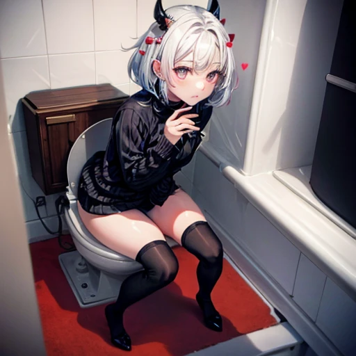 masterpiece, (1 girl) Best quality, Modeus (helltaker), (demon tail), red ribbed sweater,High neck, black skirt, Black jacket, Red eyes, (((White hair))),Medium short hair, pipes, hearts, (heart-shaped pupils), tights, black mid-calf stockings, sexy hips, sits on the toilet, poops, diarrhoea