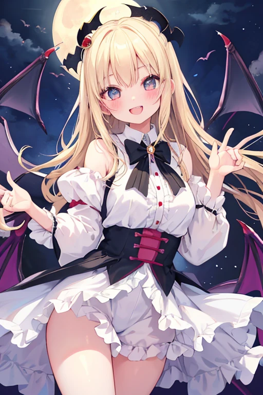 beautiful illustrations, highest quality, pretty girl,beautiful girl、clear face、 half girl、pastel colour ,blonde、black eyes、smile、blush、にこやかなsmile、thighs、Dracula、vampire、fantasy、fantasy、perfect hands、five fingers、double teeth、Moonlight night