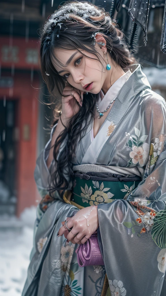 (Photoreal:1.5, 8K, highest quality:1.3, masterpiece, ultra high resolution), (((heavy snow, Blizzard))), Highly detailed skin and facial textures:1.3, perfect dynamic composition:1.2, (In front of a shrine at night in a modern city, expression of sadness:1.0, Tears are flowing:1.0, cry with a broken heart:1.0), Slim office lady wet in the rain:1.2, cowboy shot, Fair skin:1.2, sexy beauty:1.1, perfect style:1.2, beautiful and aesthetic:1.1, very beautiful face:1.2, water droplets on the skin, (rain drips all over my body:1.2, wet body:1.2, wet hair:1.3), (Professional kimono dressing:1.1, With a wet bouquet:1.2, Wearing a wet silver kimono correctly:1.3), (Medium chest, Bra see-through, Chest gap),  (Big eyes that exude beautiful eroticism:0.8, adult charm:0.8, Bewitching:0.8), necklace, earrings, bracelet, wedding ring, Highly detailed and accurate hand and finger representation