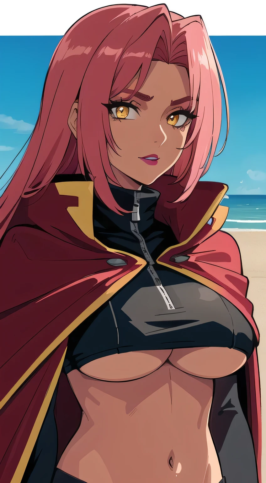 (highres, high quality:1.2), intricate details, cinematic lighting, sharp focus, depth of field, Ingrid, 1girl, mature female, (dark-skinned female:1.1), dark skin, ((upper body, half body shot:1.3)), (looking at viewer, sunny beach, determined, pink red hair, very long hair, hair intakes, makeup, lipstick, (mole under mouth:0.8), eyelashes, yellow eyes, detailed face, helloutfit, red cape, black (turtleneck:1.1), (underboob:1.1), black elbow gloves, (coattails:1.1), revealing clothes, center opening, (multicolored clothes:1.1) midriff, natural large breasts, (solo:1.4)