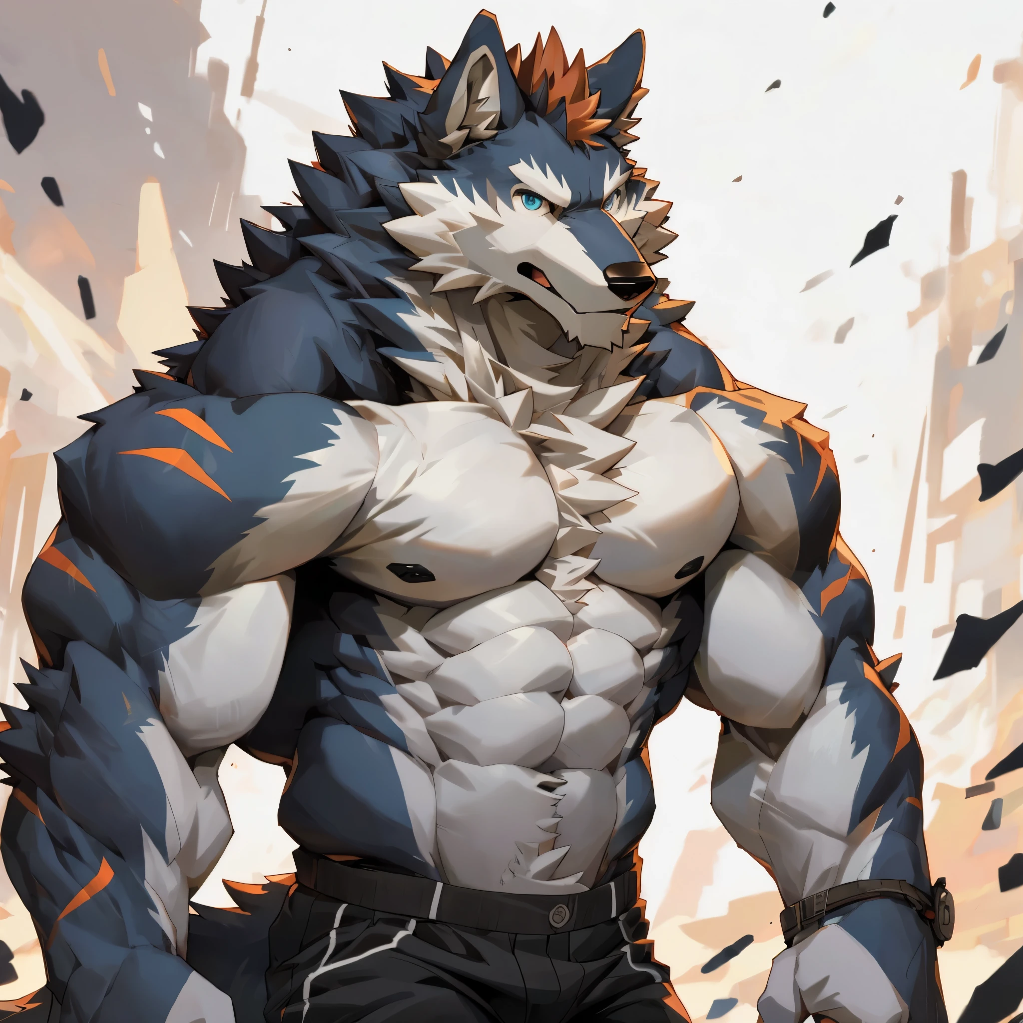 (best quality, high resolution, masterpiece:1.2),, Furry wolf, perfectly detailed eyes, short hair, moderately muscular body, adult, cool pose, handsome, shirtless, attractive, fierce, all white