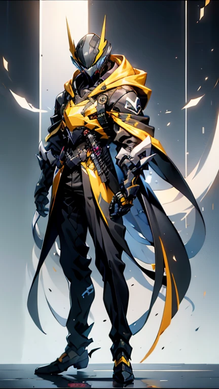 weapon, long_hair, hood, sword, 1boy, hood_up, white_hair, katana, male_focus, sheath, yellow_eyes, multiple_views, futuristic_background, black_pants, pants, very_long_hair, standing, jacket, sheathed, glowing, white_jacket, open_clothes, hair_over_one_eye, full_body, reference_sheet, hooded_jacket