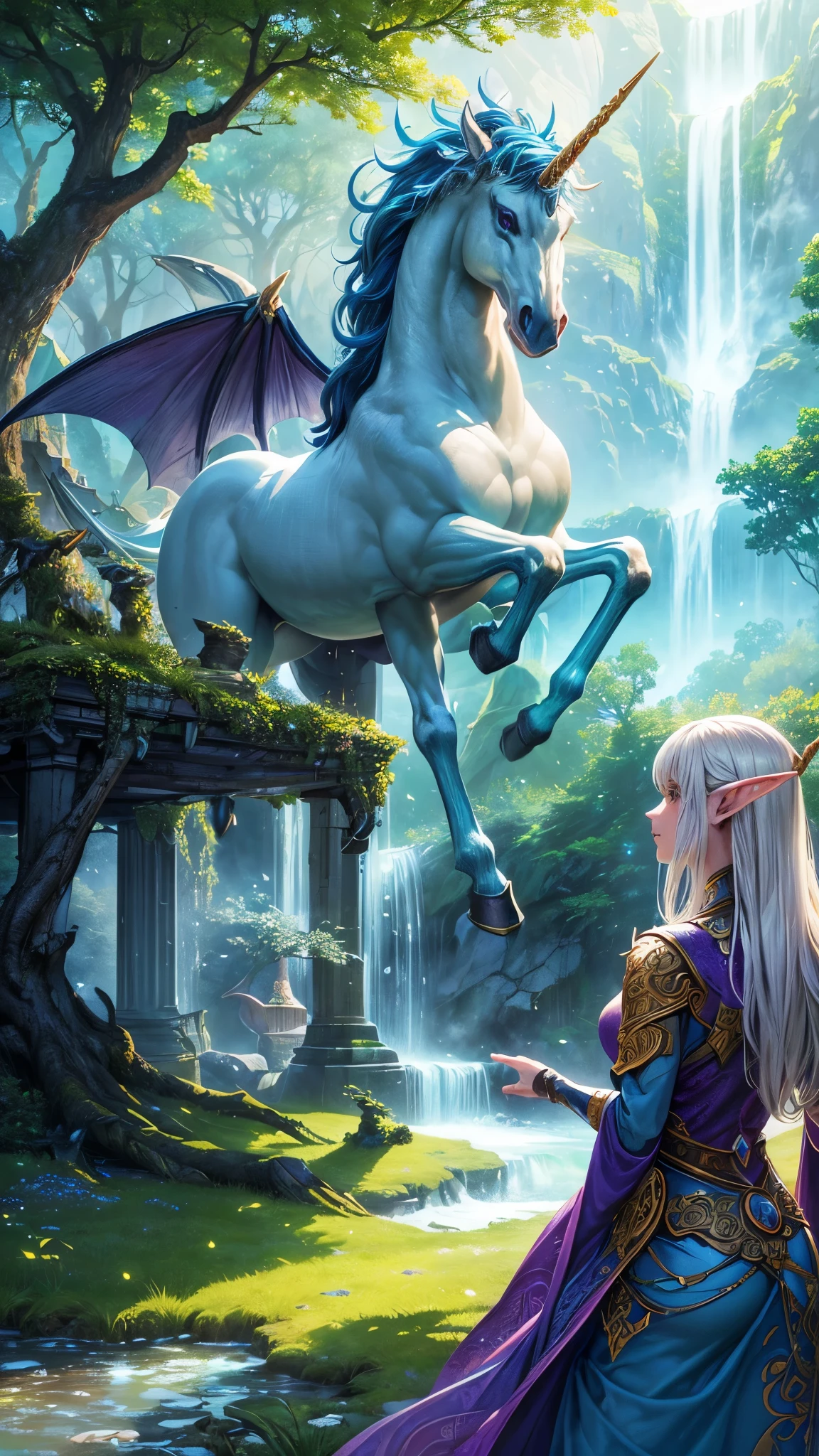 pes), (epic, majestic, mythical), (magic, mystical, enchanted), (vibrant colors, ethereal glow), (detailed characters, intricate costumes), (dragons, unicorns, elves), (ancient ruins, towering castles), (lush forests, cascading waterfalls), (divine beings, celestial skies), (heroic battles, epic quests).