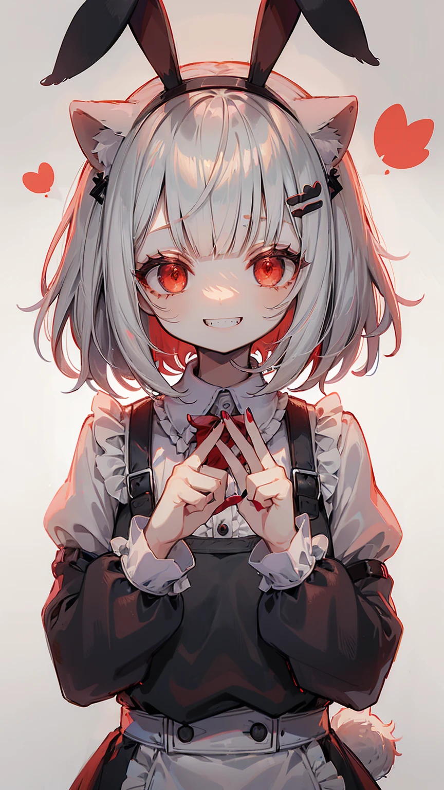 score_9, score_8_up, score_7_up, score_6_up, score_5_up, score_4_up, 
//////////////1girl, red eyes, animal ears, red nails, smile, teeth, solo, looking at viewer, rabbit ears, bangs, long sleeves, blunt bangs, upper body, sharp teeth, frills, grin, short hair, grey hair, frilled shirt collar 
////////   