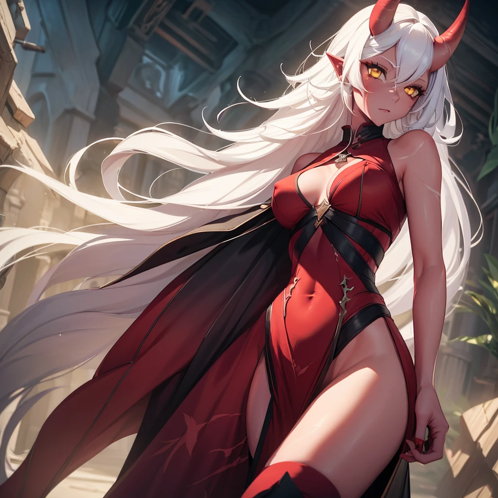 A girl with ((red skin, long white hair, yellow eyes, sexy clothes, and medium breasts)). She also has ((red horns)). The colors of the image should be vivid, enhancing the fantasy style. The lighting should be dramatic, with high contrast and strong shadows. The image should be of the best quality, with a resolution of 4k or 8k, and it should be a masterpiece. The image should have a realistic look, with attention to detail. ((Sexy clothes))