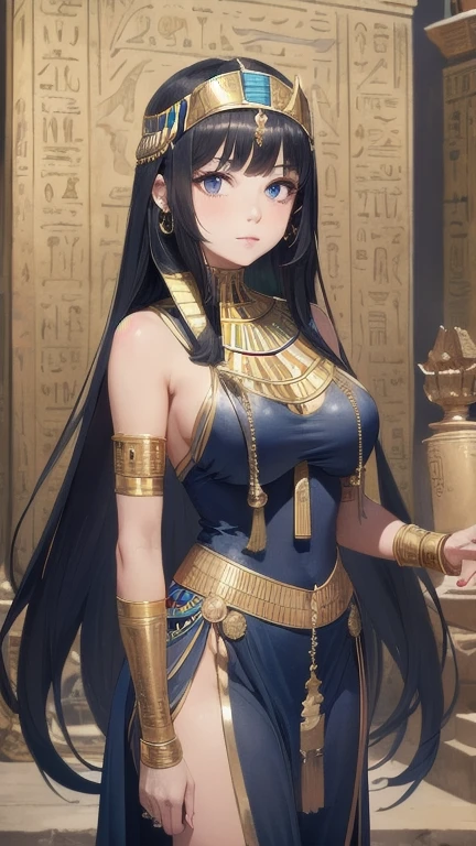 1girl, (masterpiece), best quality, expressive eyes, perfect face, ((arafed woman in a gold ancient egypt costume)), girl in egyptian ruins, egypt themed art, egyptian princess, egyptian art, egyptian, egyptian atmosphere, temples behind her, ((golden ancient egyptian clothes)), ((golden ancient egyptian clothing)), ancient egypt art, blue eyes, black hair, (blue colored inner hair), medium size breast, long hair