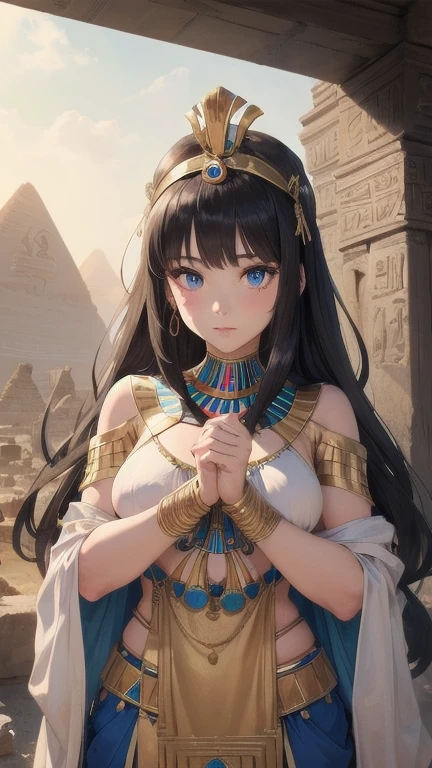 1girl, (masterpiece), best quality, expressive eyes, perfect face, ((arafed woman in a gold ancient egypt costume)), girl in egyptian ruins, egypt themed art, egyptian princess, egyptian art, egyptian, egyptian atmosphere, temples behind her, ((golden ancient egyptian clothes)), ((golden ancient egyptian clothing)), ancient egypt art, blue eyes, black hair, (blue colored inner hair), medium size breast, long hair
