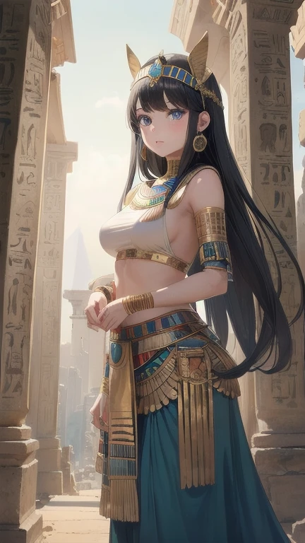 1girl, (masterpiece), best quality, expressive eyes, perfect face, ((arafed woman in a gold ancient egypt costume)), girl in egyptian ruins, egypt themed art, egyptian princess, egyptian art, egyptian, egyptian atmosphere, temples behind her, ((golden ancient egyptian clothes)), ((golden ancient egyptian clothing)), ancient egypt art, blue eyes, black hair, (blue colored inner hair), medium size breast, long hair