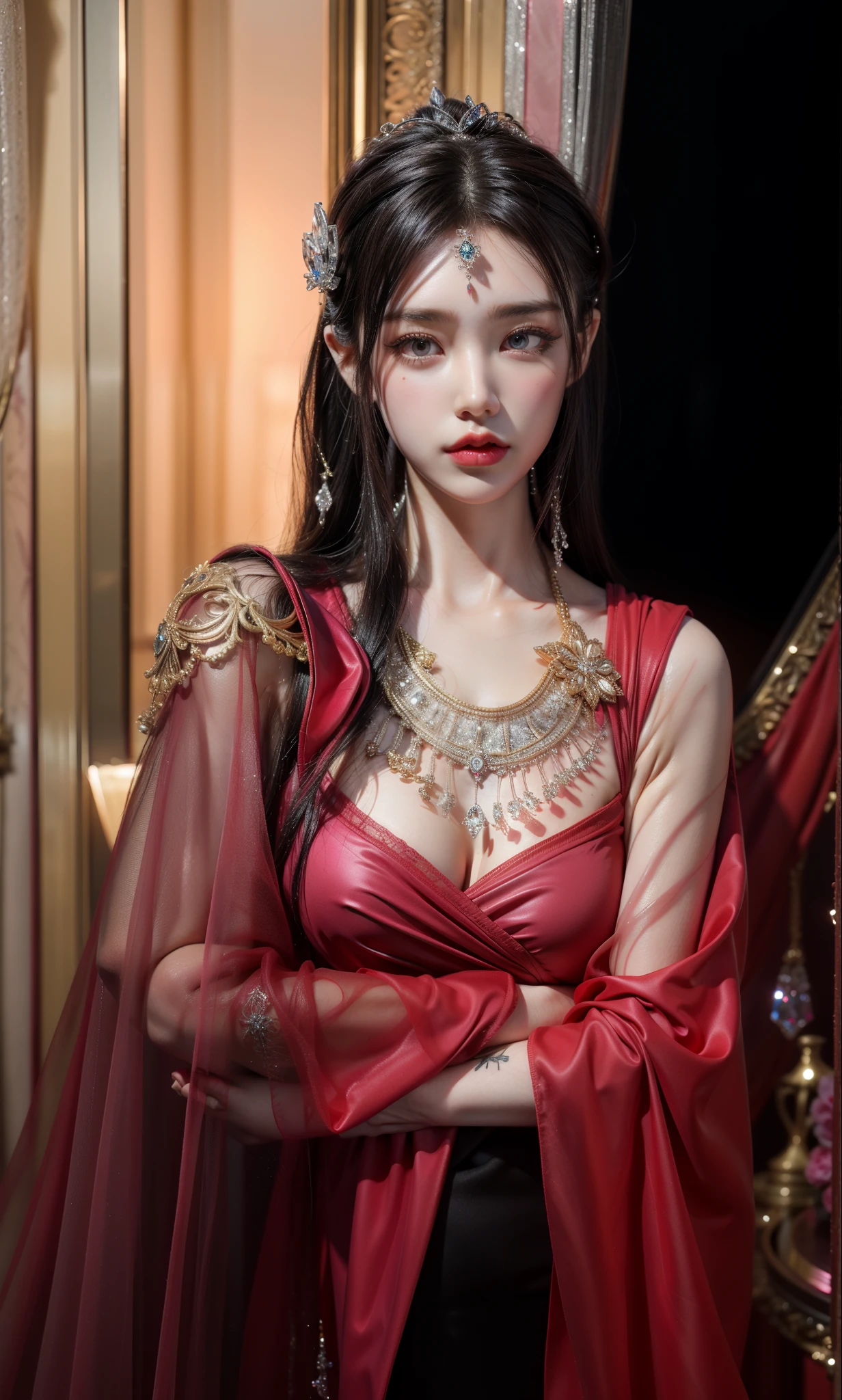 Royal sister,exquisite eyes,Frozen queen,put the crown on your head,Detailed facial expressions body,tall figure,Gorgeous,Leg length,4K,HD,Sensual,半透明lace,白皙plump figure,pretty face,Little cherry mouth,beautiful and delicious(3D royal sister),plump figure,gloss gel coat,Queen in luxurious dress,Crystal Gem Crown,Necklace jewelry,black tattoo(whole body),The tattoo is very three-dimensional,Gorgeous and intricate tattoo designs,tattoo queen,Arm and chest tattoos,lace,8k超HD