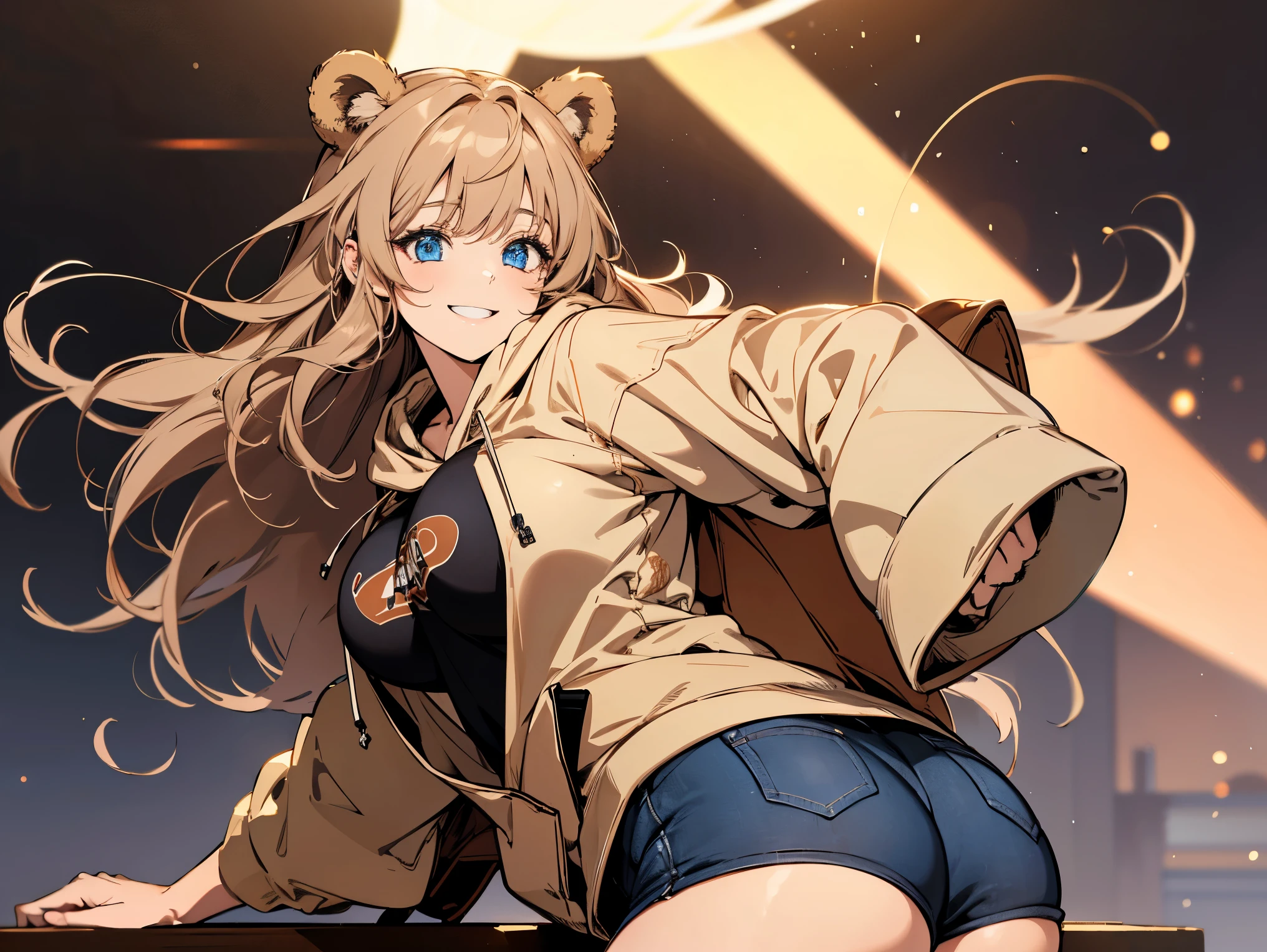 1female, teacher, wearing a light brown hoodie, bootyshorts, light brown bear ears, Thicc, big breast, light colored hair, long hair, blue eyes, face to detail, detailed eyes, the background is a pizzaria, smiling