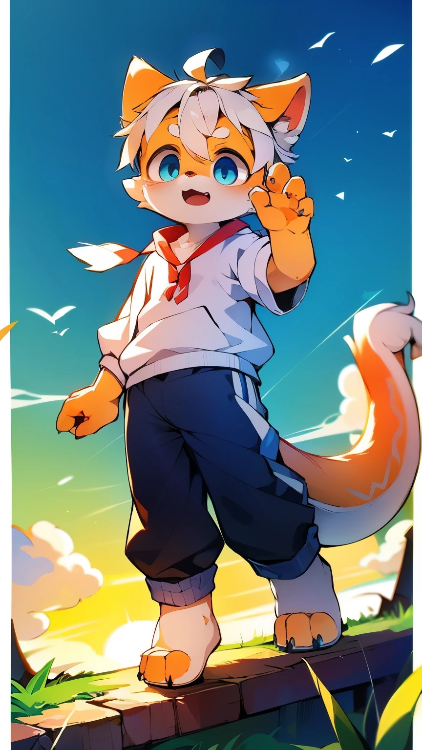 Light orange fur,white hair,orange dragon tail,There is white fluff at the end of the tail,white sweatshirt,hairy,God of Art Super Top Quality, super detailed, High resolution, Anime cute art style, The best anime, 8K, Kona sauce wallpaper, Pixiv Contest Winners, perfect anatomy,Blushing face , (Energetic teenager, :1.3), High resolution详细的头发,white wide-leg pants,on the street,blue sky,Sunset,The iris and pupil are well proportioned,blue pupils,Red ears,single,Alone,five fingers