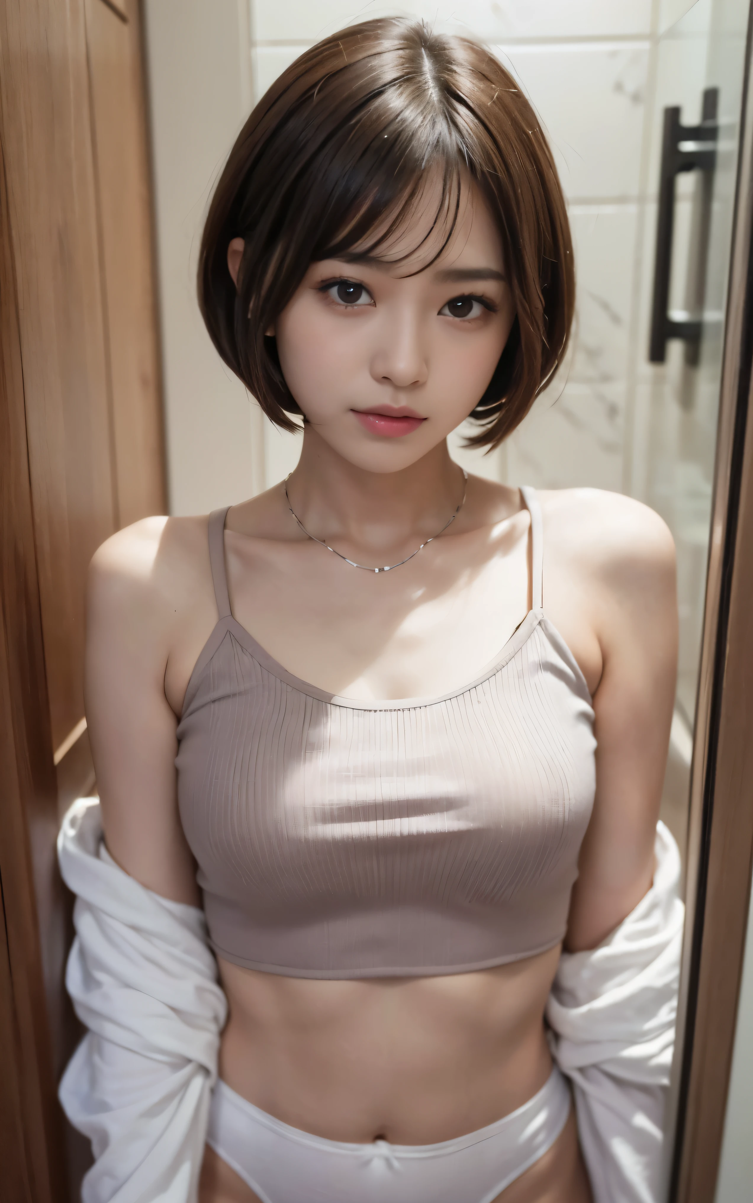 cute 21 year old japanese、Bathroom、camisole、super detail face、eye for details、double eyelid、beautiful thin nose、sharp focus:1.2、Beautiful woman:1.4、(light brown hair,short cut hair, ),pure white skin、highest quality、masterpiece、Super high resolution、(Photoreal:1.4)、