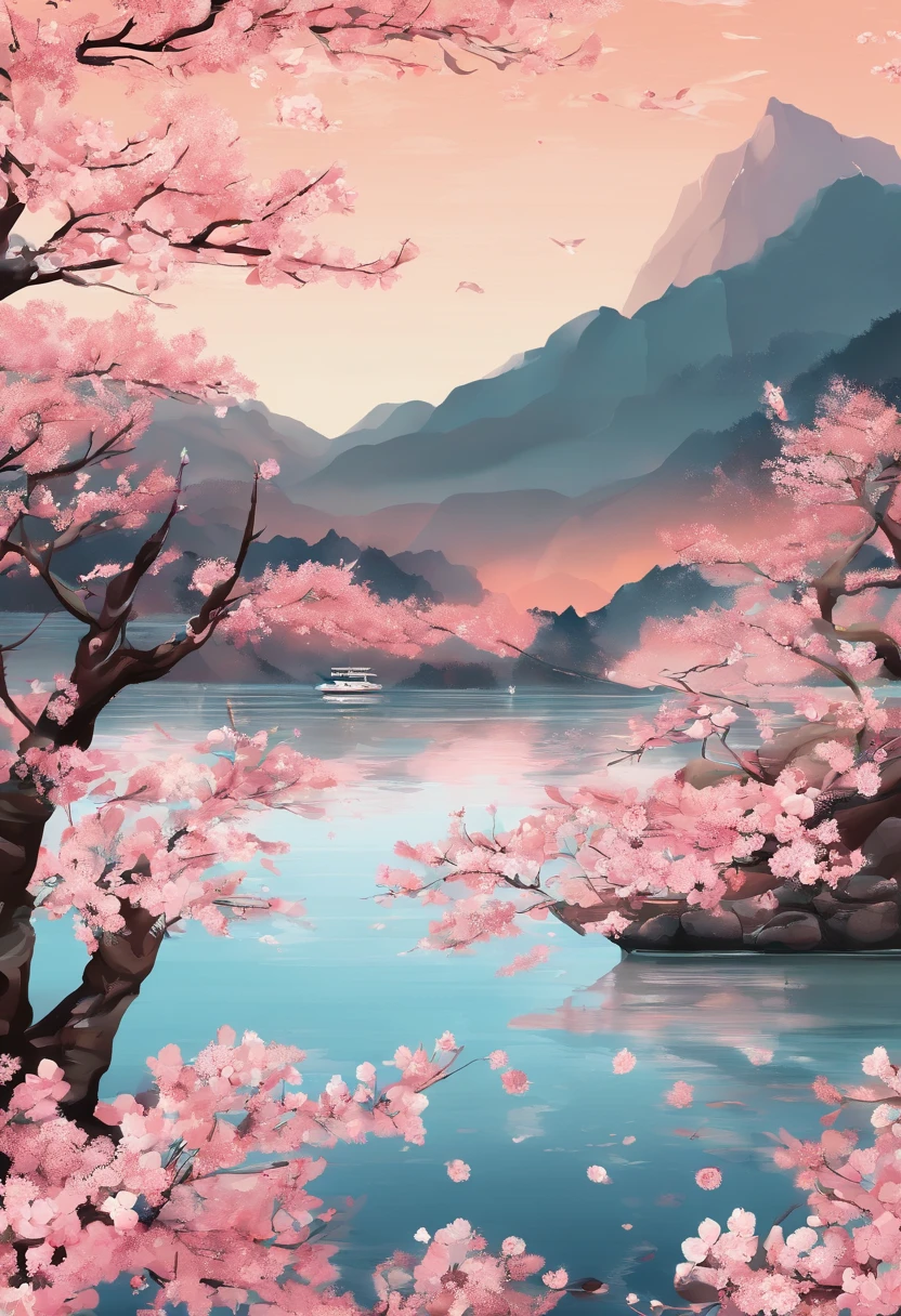 sunlight、cherry blossoms、cherry blossomsの花びらが降る、Petals floating on the lake、beautiful lake surface、Early Spring，(((Sakura NS)))，national style，Ink Wind，Close-up，landscape，don&#39;t be characterized，don&#39;t be characterized