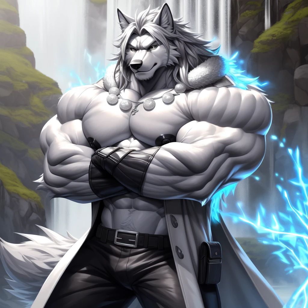 (upload on e621) (Masterpiece) (by Drks) (best quality) (ultra high res) 4K (8k HD) 2D (perfect anatomy) (digital art) (official art) (extreme detailed) (ultra detailed) (strapsanime) color (soft shading) (sharp focus) (waterfall background) 1man silver body fur silver belly detailed fluffy fur (ultra detailed face) detailed eyes detailed iris eyes detailed silver eyes (white sclera) black pupils big navel abs bare pectoral (((huge black shiny nipples))) black claw nails furry wolf male mature male silver giant bulky muscular body fur giant size canid (((huge muscles))) (((hyper muscles))) huge pecs (((oversize pecs))) huge biceps (((giant biceps))) (((fullbody))) canine canis mammal powerful wolf god wolf male calm cool collected demeanor face badass wolf anthro solo standing (((wearing silver full complete sleeveless long trench coat jacket))) (((silver longest length hair))) (((silver longest length back fur hair))) (((silver longest length hair fur front lay on pecs))) (((perfect fingers))) (((five fingers))) dark black hands and fingers silver chest tuft (((wearing silver fingerless gloves))) (((silver arm bands on his biceps))), (((three silver arm bands on his forearms))) (((dark black huge bead necklaces))) (((dark black huge longer bead necklaces around neck to pecs))) (((silver long wolf tail))) (((black long pants with silver lines with belt straps on both legs))) (((silver electricity and glitter aura flow entire body))) (((silver glowing aura his entire body))) (((crossed arm pose)))