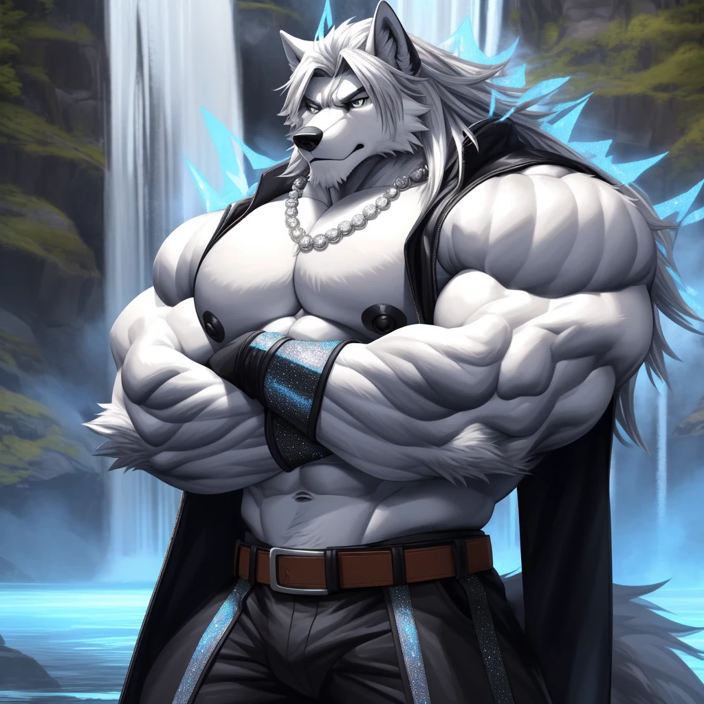 (upload on e621) (Masterpiece) (by Drks) (best quality) (ultra high res) 4K (8k HD) 2D (perfect anatomy) (digital art) (official art) (extreme detailed) (ultra detailed) (strapsanime) color (soft shading) (sharp focus) (waterfall background) 1man silver body fur silver belly detailed fluffy fur (ultra detailed face) detailed eyes detailed iris eyes detailed silver eyes (white sclera) black pupils big navel abs bare pectoral (((huge black shiny nipples))) black claw nails furry wolf male mature male silver giant bulky muscular body fur giant size canid (((huge muscles))) (((hyper muscles))) huge pecs (((oversize pecs))) huge biceps (((giant biceps))) (((fullbody))) canine canis mammal powerful wolf god wolf male calm cool collected demeanor face badass wolf anthro solo standing (((wearing silver full complete sleeveless long trench coat jacket))) (((silver longest length hair))) (((silver longest length back fur hair))) (((silver longest length hair fur front lay on pecs))) (((perfect fingers))) (((five fingers))) dark black hands and fingers silver chest tuft (((wearing silver fingerless gloves))) (((silver arm bands on his biceps))), (((three silver arm bands on his forearms))) (((dark black huge bead necklaces))) (((dark black huge longer bead necklaces around neck to pecs))) (((silver long wolf tail))) (((black long pants with silver lines with belt straps on both legs))) (((silver electricity and glitter aura flow entire body))) (((silver glowing aura his entire body))) (((crossed arm pose)))