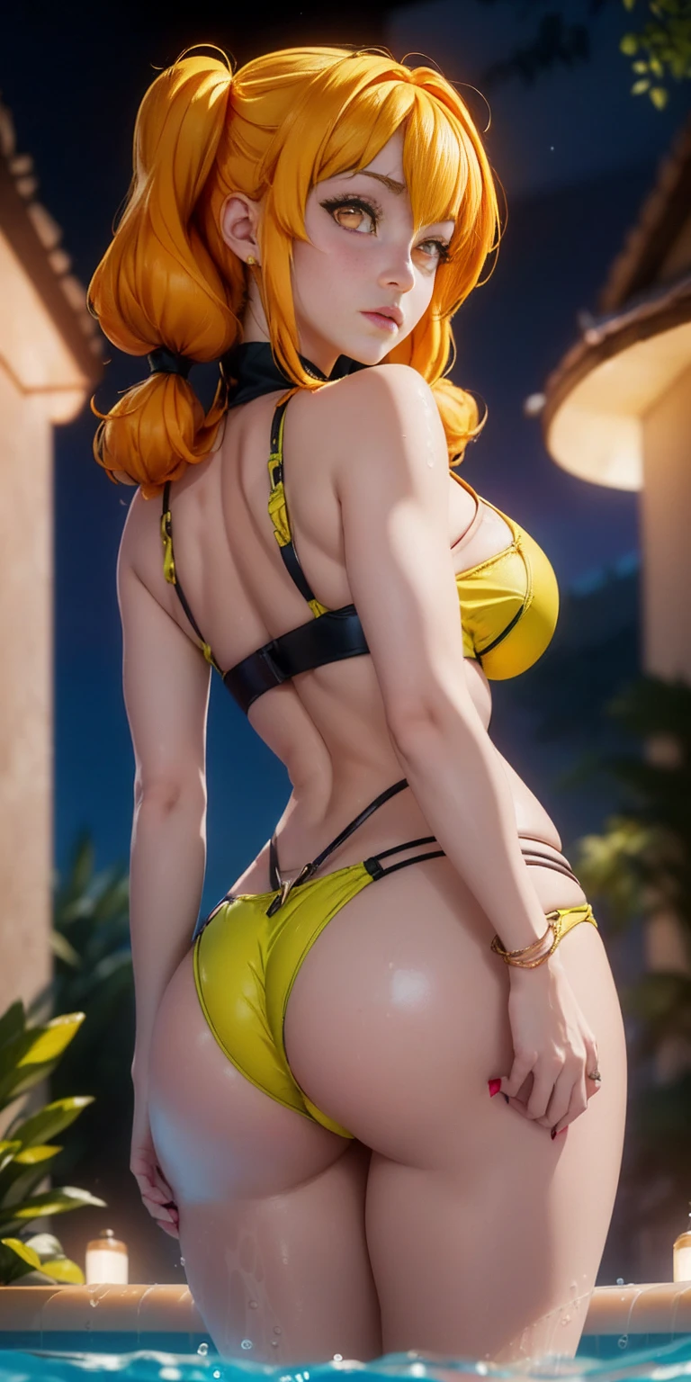 (((1 girl))), medium to large breasts, a beautiful and cute lady, standing, (((in the pool at night))), (big muscular ass), {{{wearing a very sexy bikini }}} , naked, (thin waist), (incredibly beautiful asull body photo, red ribbons in hair, standing, (((bright yellow eyes) )), good anatomy, perfect hand muscular legs))), thin waist, muscular abdomen, wearing black high heel shoes, ((( with her back to me showing her big shapely ass to me))), white skin, hand extremely perfect), (perfect fingers), perfect feet, hands very well done and detailed, ((perfect naillack nails), (straight magenta hair), shiny hair, reflection in the hair, Hair smooth, (((twintails hair))), (golden yellow eye body photo), anime, minimalism, anime style, ray tracing, cinematic lighting, shine, JPEG artifacts, bright light, divine rays, backlight , symmetry, panorama, Sony FE, hard drive, art - Prime, precise, anatomically correct, Super Detail, best quality, hard drive, juice, 16k, dog ears, fluffy dog ears
