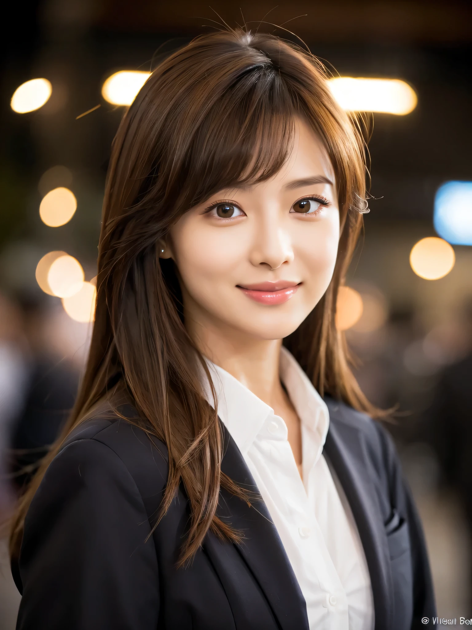 table top、highest quality、genuine、Super detailed、finely、High resolution、8k wallpaper、one beautiful woman、、、light brown disheveled hair、wearing a business suit、sharp focus、perfect dynamic composition、beautiful and detailed eyes、thin hair、Detailed genuine skin texture、smile、close-up portrait、model body shape、In Kyoto at night、On a hill with falling cherry blossoms