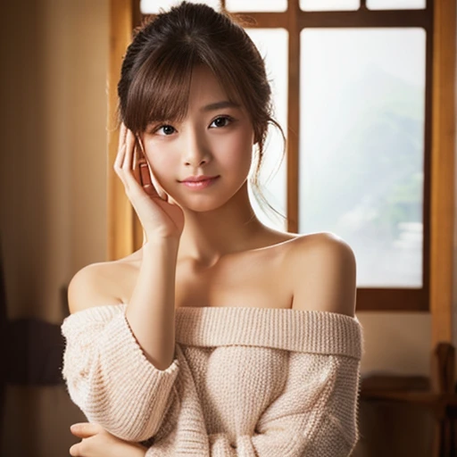 highest quality、masterpiece、超A high resolution、(Photoreal:1.4)、Raw photo、1 girl、off shoulder gentle、light shines、Japanese、nice style、Beautiful woman、in the room、put your hand on your face