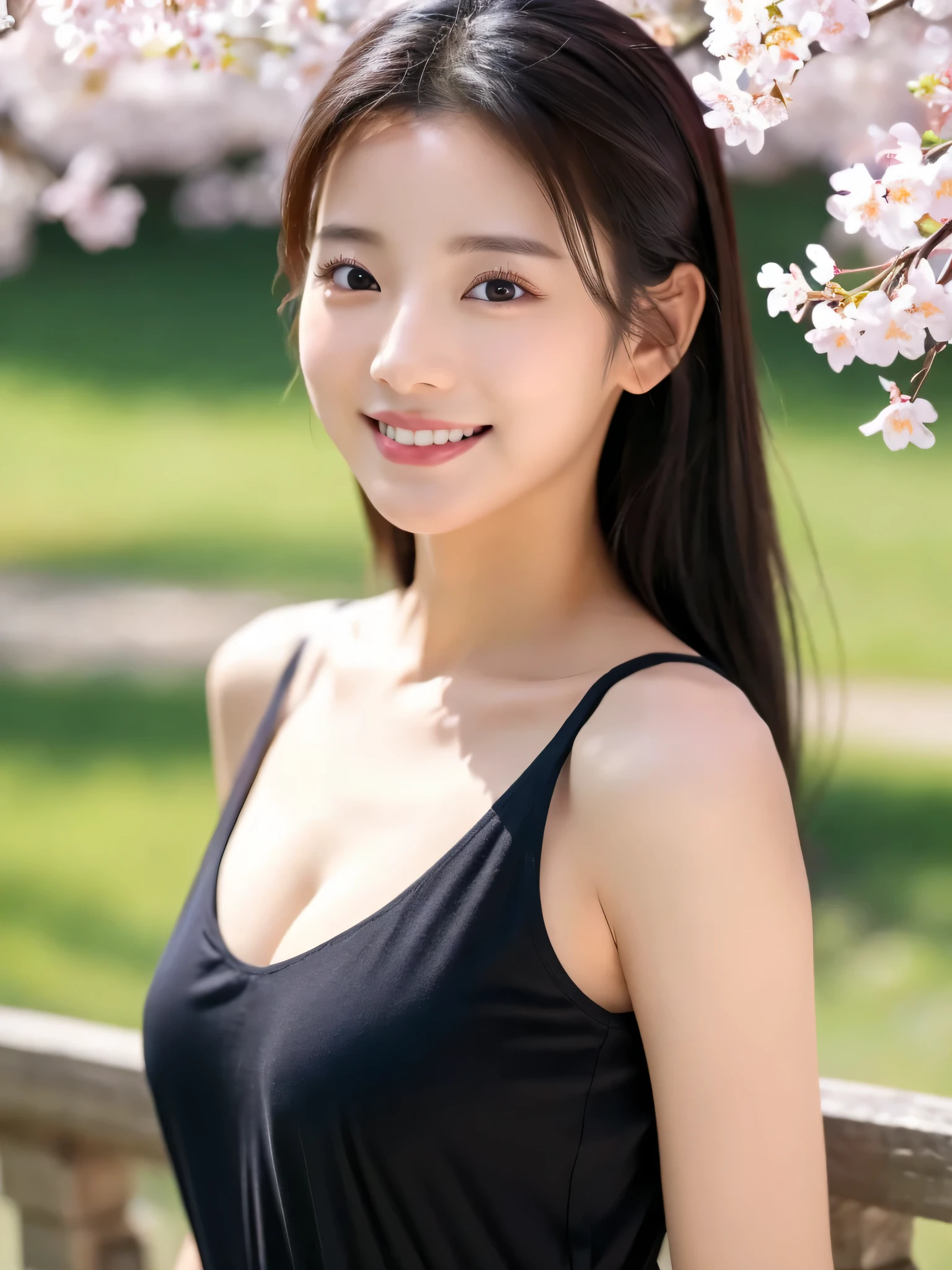 1 Attractive、((highest quality、8K masterpiece:1.3))、sharp focus:1.2、(super beautiful face:1.0)、(shiny skin:1.0)、realistic pictures、black haired、black eye、video writing、High resolution eyes and face、video writing、(cute korean actress)、from the front、beautiful breasts、smile、The beauty of slender abs、whole body、Wearing a see-through T-shirt、On a hill with falling cherry blossoms