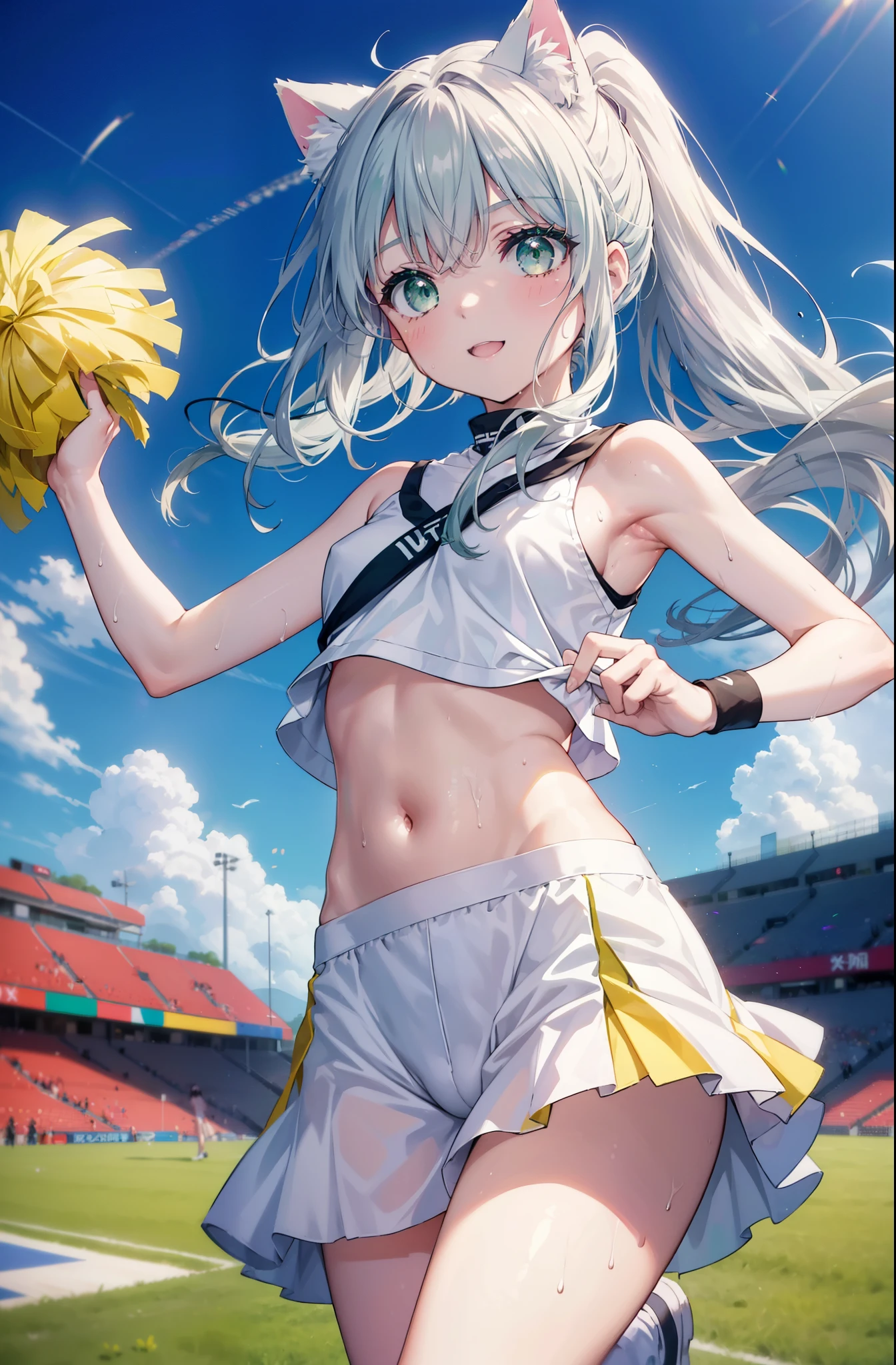 index, index, (green eyes:1.5), silver hair, long hair, (flat chest:1.2),ponytail,(cheer leading), (whole body), Cat ear,cat tail,lower, (sweaty), sweaty Wet Clothes, (white clothes), , Navel support, playground, (jump), (jump), 足を曲げてjumpする, air, blue sky, Grass原, smile,Cheerleader, pom pom \(cheer leading\), Grass, smile, 
break looking at viewer, Upper body, whole body,
break indoors, stadium,
break (masterpiece:1.2), highest quality, High resolution, unity 8k wallpaper, (figure:0.8), (beautiful deしっぽed eyes:1.6), extremely deしっぽed face, perfect lighting, extremely deしっぽed CG, (perfect hands, perfect anatomy),