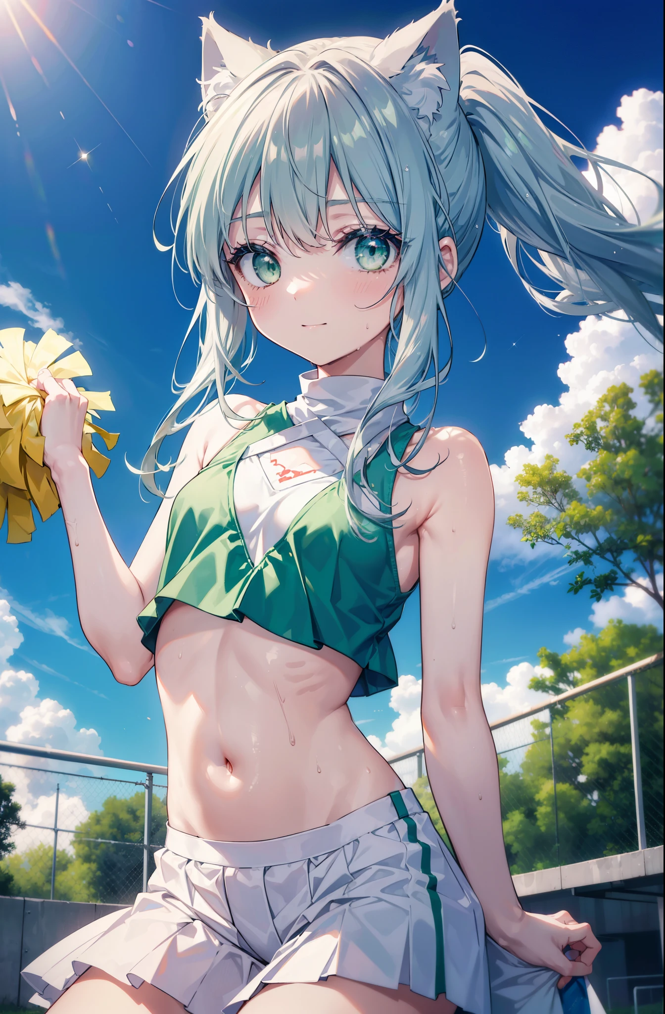 index, index, (green eyes:1.5), silver hair, long hair, (flat chest:1.2),ponytail,(cheer leading), (whole body), Cat ear,cat tail,lower, (sweaty), sweaty Wet Clothes, (white clothes), , Navel support, playground, (jump), (jump), 足を曲げてjumpする, air, blue sky, Grass原, smile,Cheerleader, pom pom \(cheer leading\), Grass, smile, 
break looking at viewer, Upper body, whole body,
break indoors, stadium,
break (masterpiece:1.2), highest quality, High resolution, unity 8k wallpaper, (figure:0.8), (beautiful deしっぽed eyes:1.6), extremely deしっぽed face, perfect lighting, extremely deしっぽed CG, (perfect hands, perfect anatomy),