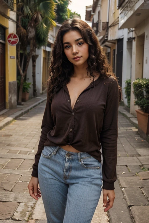 Beautiful young woman, 20 years old, medium height, medium breasts, standing, casual clothing, soft skin, dark complexion, curly hair, brown eyes, light proof, South American features.
