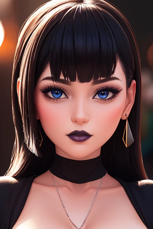 Photograph, Professional full-body, (detailed face and eye:1.4), purple eyes, (deep cleavages:1.3), colorful, color photography of woman, nudes, (dark makeup), necklace, earrings, (dark lipstick), partered lips, sharp focus, focus on face, insanely sharp details, extremely detailed, (gigantic breasts in frame:1.1), 4K HQ, 8K, depth of field, f/1.2, leica, 8K HDR, High contrast, highly retouch, shadows, bokeh, award winning photography, best photographers. Full body display 1.2 nudes