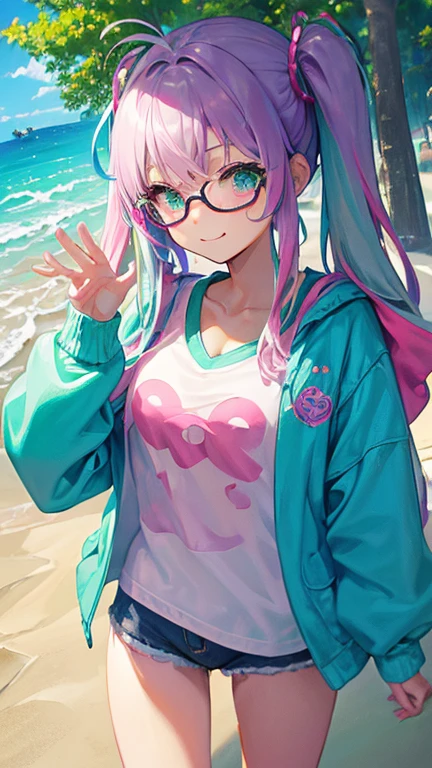 Glasses、(rainbow colored hair, colorful hair, half silver、half pink hair: 1.2), ,long hair、(Cinematic digital artwork: 1.3), high quality, table top, Turquoise eyes、最high qualityの, Super detailed, figure, [4K digital art]!!、 Kyoto animation style, one woman, clavicleの美しさ, clavicle, light, want, , positive, Dead leaves dance、（Ocean、sandy beach）、full moon、On a tree-lined street、taking a walk、((green、tight、trendy clothes))、（（white、chest is visible、sexy、サイズがtight、white色シースルーのワンピース水着、Polka dot unset, motivation, shine, dynamic perspective、青いGlasses、green色リボン、twin tails、embarrassed face、cute face、happy face