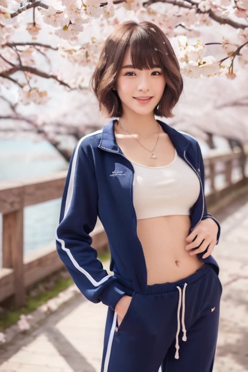 (masterpiece:1.4), (best quality:1.4) ,8K,cinematic lighting,((best quality)), (masterpiece) , (realistic shadow),(intricate details:1.4), (Solo Beauty Idol Girl,),(brown short wavy pixie hair with asymmetrical bangs:1.3),Happy smiling face, BREAK (wearing navy tracksuit:1.3),Necklace,Piercing,Beautiful hands,Beautiful fingers,(Slender body:1.4),Glasses,shirtlift,
(Looking at Viewer),(Full body shot,), BREAK (cherry blossom:1.4),(cherry blossom blizzards:1.2),
