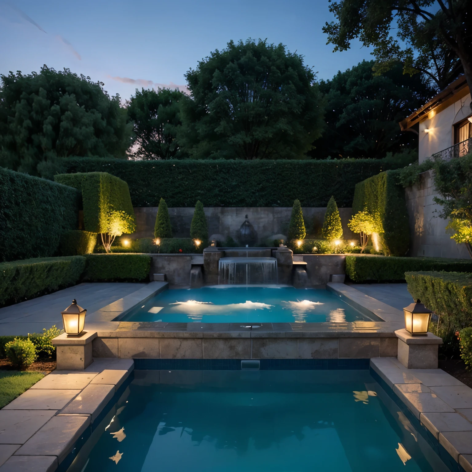 Pool that is also a fountain with hydromassage and water currents to swim in for a mansion