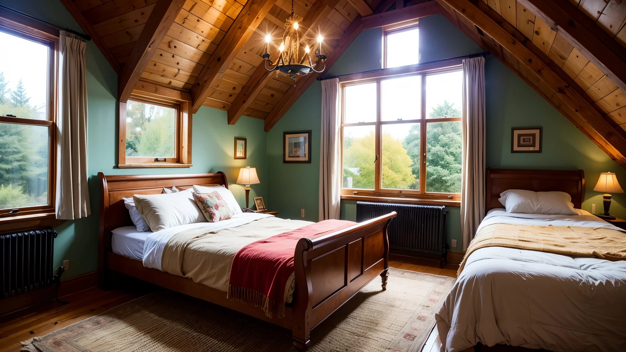 A small corner of the small wooden cozy bedroom in the attic, vintage style, the window is wide and airy, overlooking the spring garden, a beautiful natural landscape, shimmering light, UHD, 4k, masterpiece, colorful natural, raining night, sharpen image, golden ratio, highly detail