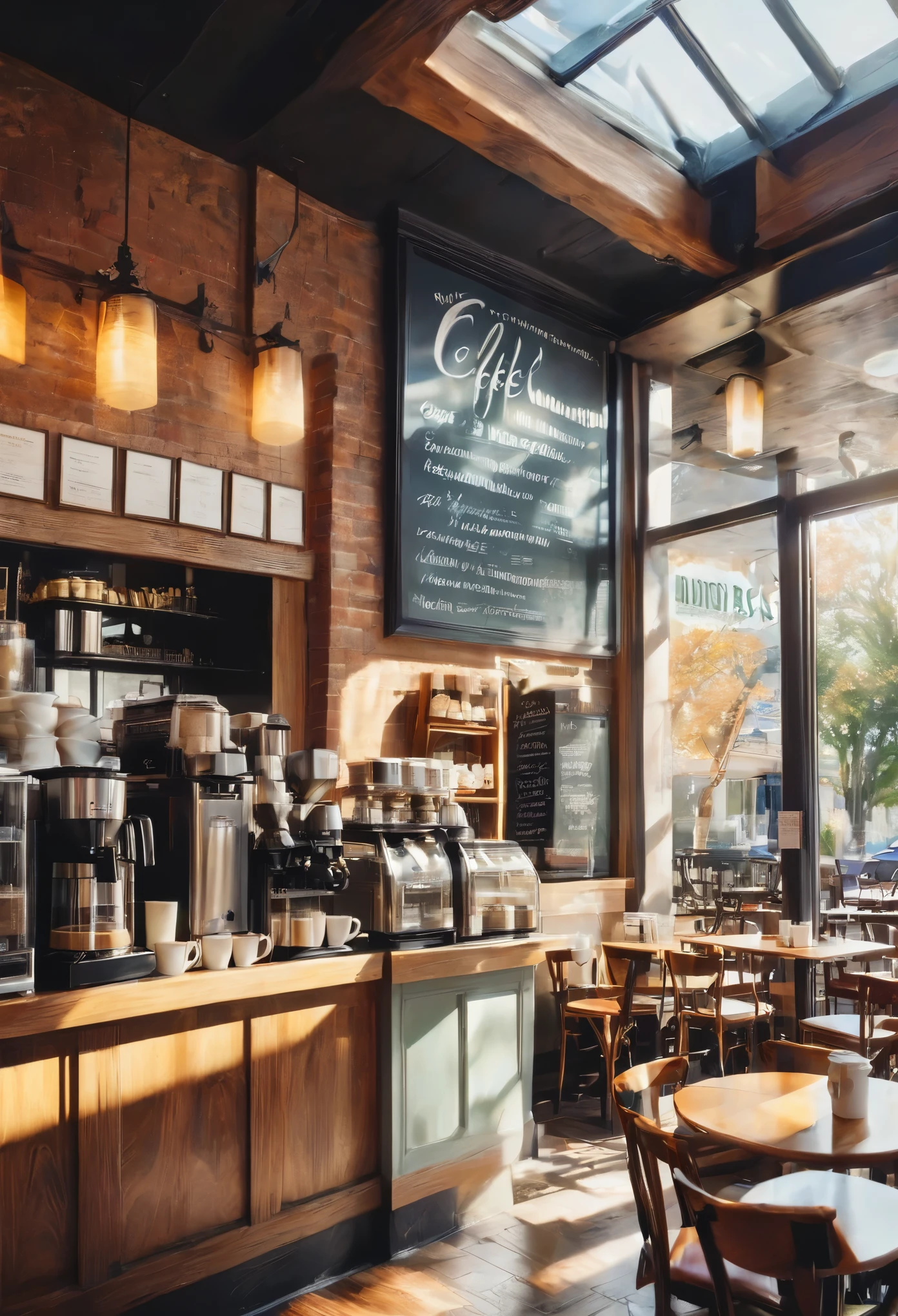 spring morning, coffee shop, Sunlight, masterpiece, perfect composition, best quality, Super detailed, intricate details, professional, official art, representative work