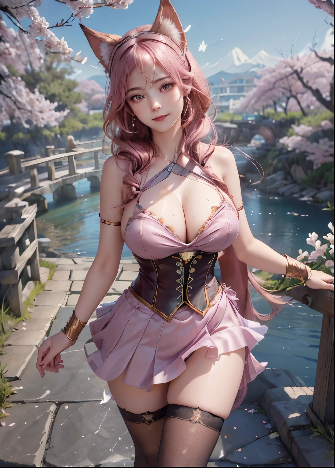 (masterpiece:1.35),(bestquality:1.4),8k,ultra-detailed,photography,(ultra-realistic:1.4),film grain,Fujifilm XT3,depth of field,anime style,1girl,(full body)!!,(standing on the bridge)!!,Look on Viewer,(Wearing an xayah's clothes)!!!,(hooded head)!!colored clothes,Gloves,realistic skin,realistic clothes,realistic hair,(very long rosegold hair with pink bangs)!!,braided hair,symetrical hair ornament,hair pin,Detailed jewelry,(neck garter)!!,halter neck, blushface,delicate face,Thin eyebrows,Clean face,sharp eyes,(pupil's eyes with shiny blue color)!!,Detailed Eyes,(shiny light eyes),Beauty makeup and detailed eyelashes,Wet eye makeup,High Nose,fox ears,earrings,red lips,(Closed mouth:1.5 ),seductive smile,(the hand with enchantingly pose),armpit,bare shoulders,beauty legs,long legs,open skirt,smooth thighs cleavage,(wear thigh garter)!!, stockings,fishnet legs,petticoat,Plump breasts,(Large Super Round breast: 1.8),(breast cleavage),(the breast is covered)!!!,There are birds in the sky,There are butterflies,Snowy mountain in the back,The sky is blue,Flowers in hand,river under the bridge,cherry blossoms,floating material,depth of field, (correct anatomically)!!