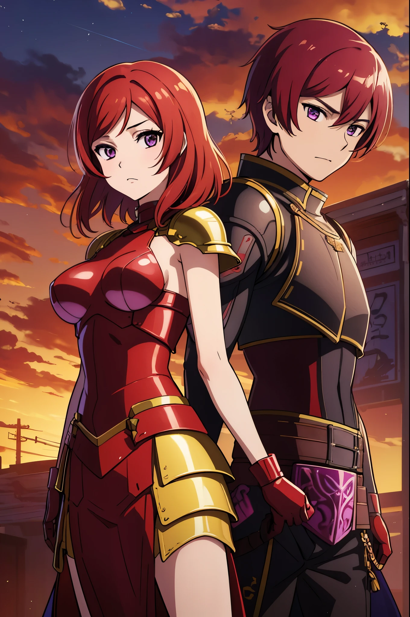 Nishikino maki, Purple eyes, red hair,boy and girl standing beside each other,(armor:1.2),Golden Armor ,Helmet, Powerful pose, llchar, breast armor